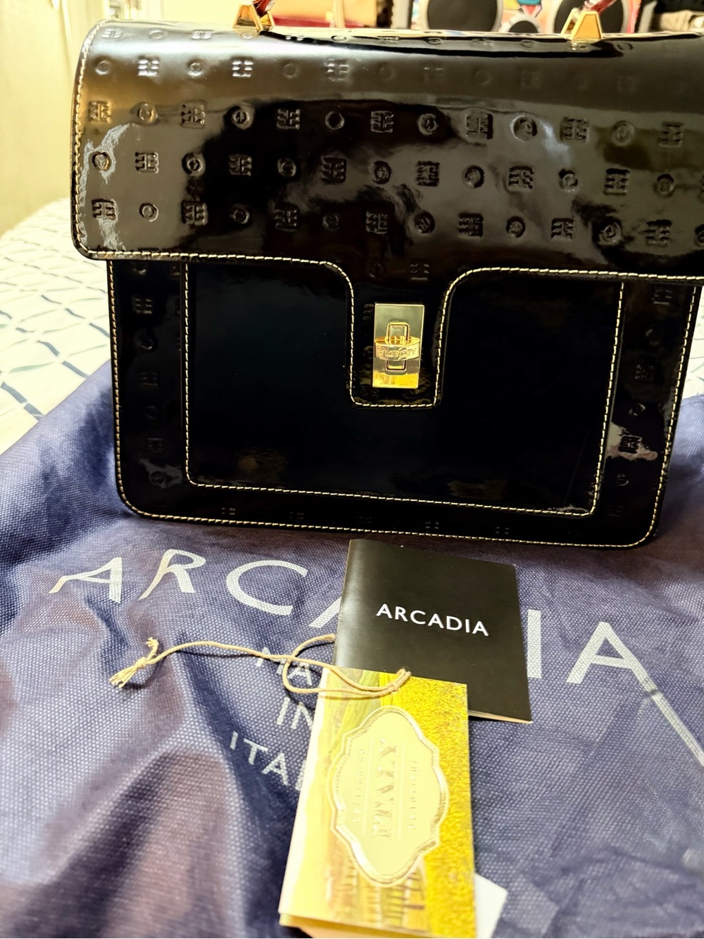 Arcadia Black Patent Leather Satchel with Gold Hardware